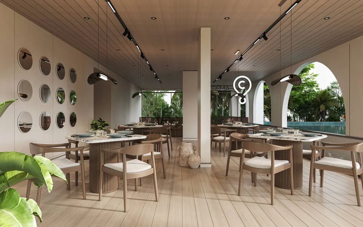 Rooftop sky café overlooking the pool and tree line