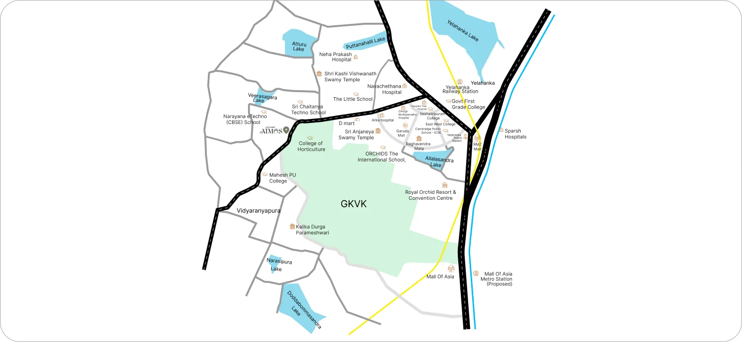 Route map showing Elegant Atmos relative to GKVK, Yelahanka, lakes, schools and hospitals